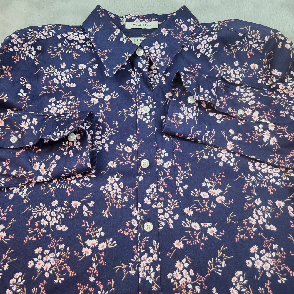 LL Bean Button Down Shirt Womens XS Navy Blue Floral Wrinkle Free Cotton 504317